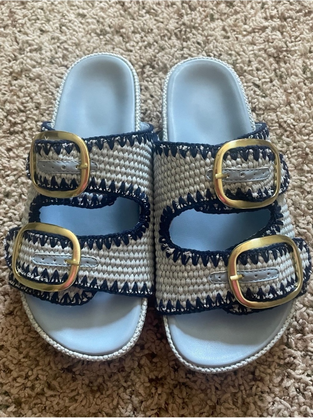 NWOT Woven Raffia platform Double-Buckle Slide Sandals Light Blue &Gold Size 6.5